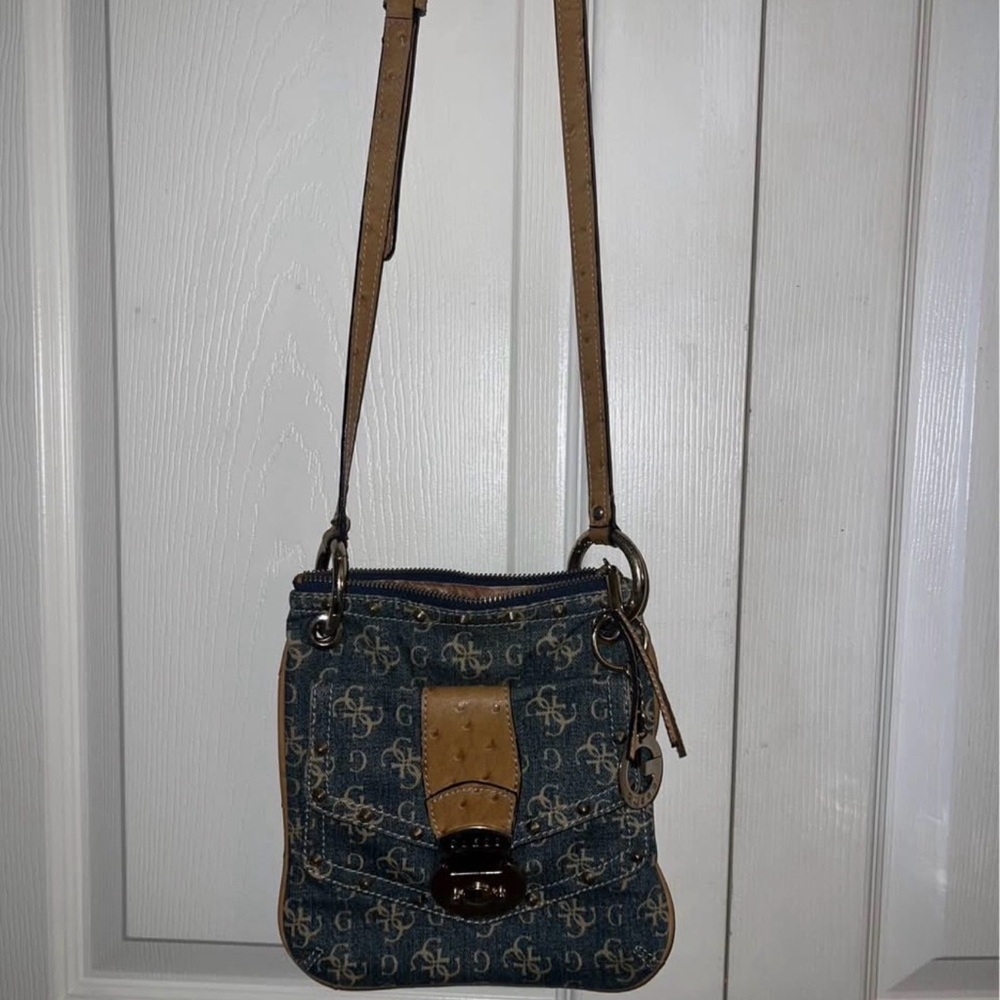 vintage GUESS denim and faux ostrich skin crossbody bag. Great condition